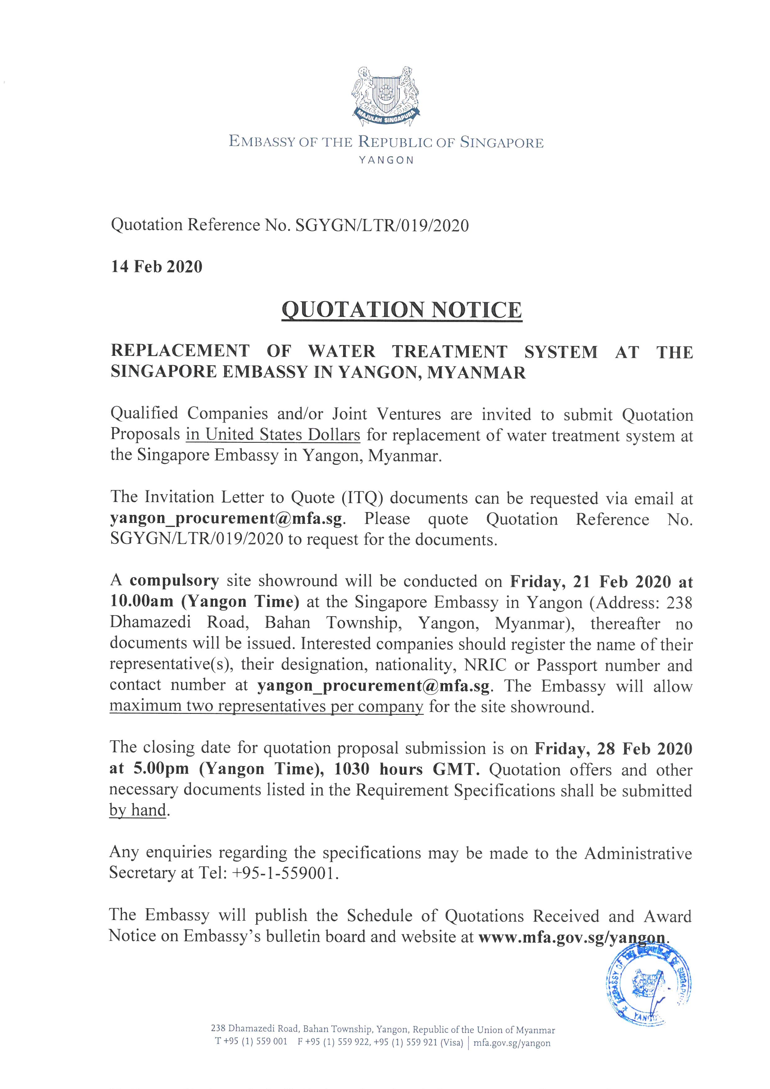 "Quotation Notice" from the Embassy of the Republic of Singapore. Details replacement of water treatment system.